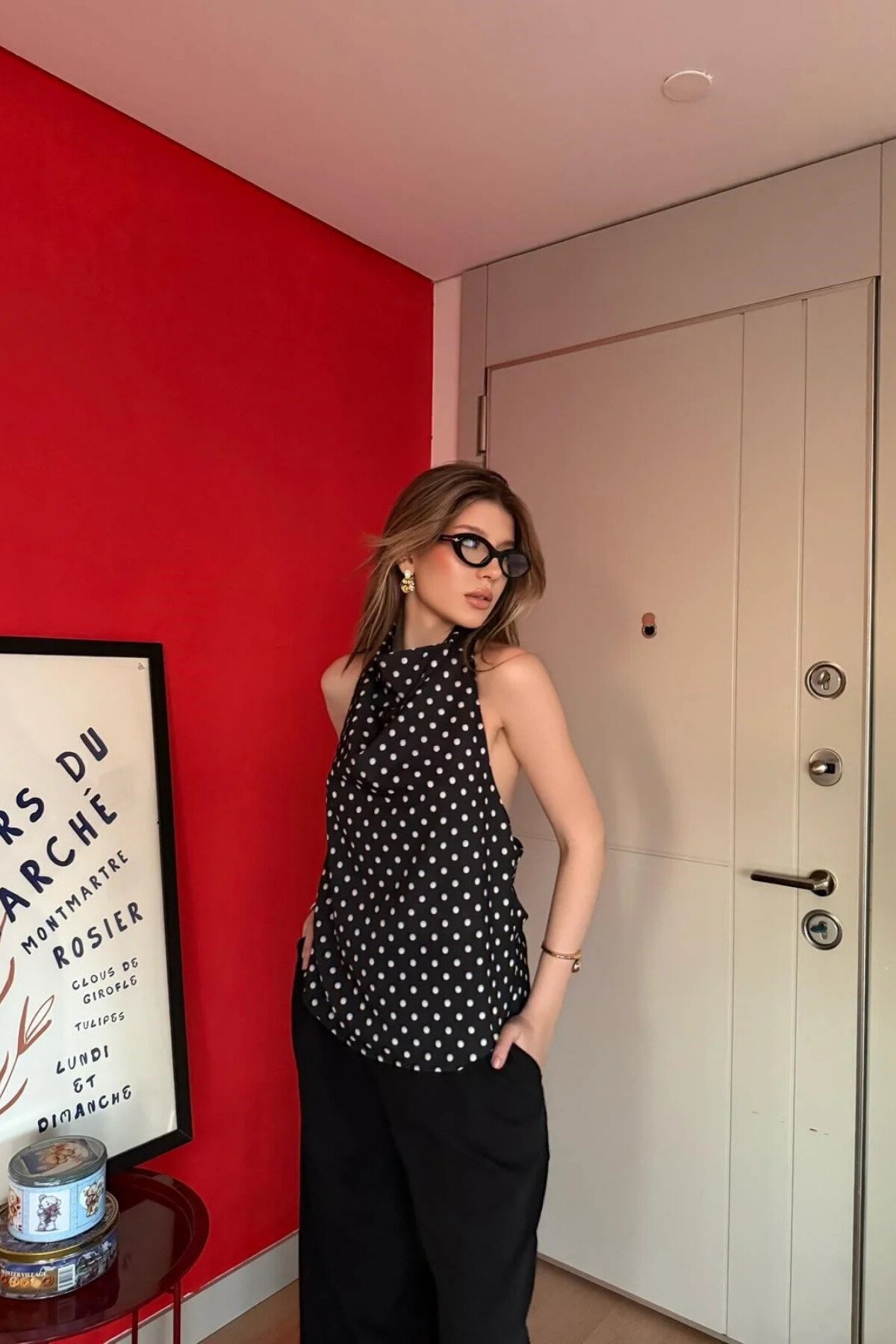 Halter Cowl Neck Polka Dot Blouse - Black - MOZENA