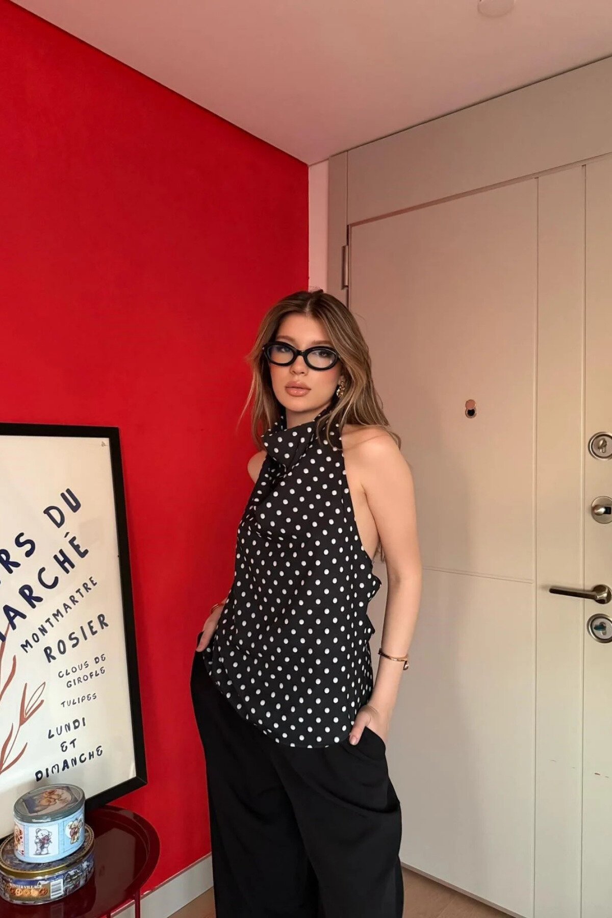 Halter Cowl Neck Polka Dot Blouse - Black - MOZENA