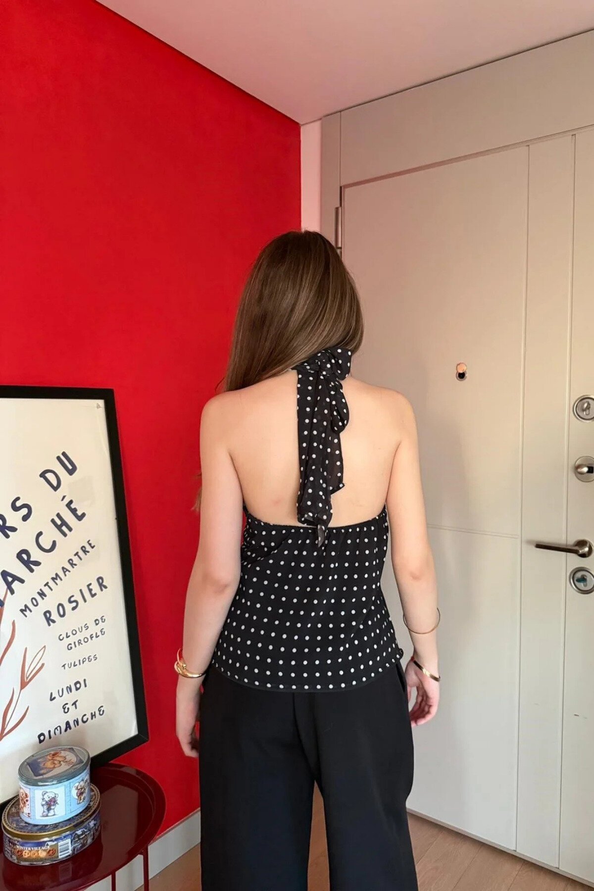 Halter Cowl Neck Polka Dot Blouse - Black - MOZENA