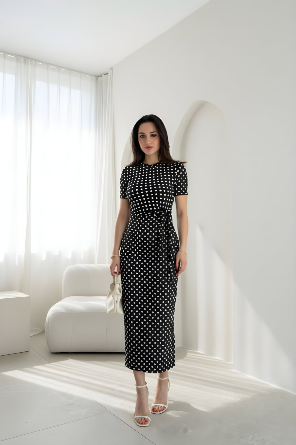 Midi Polka Dot Tie-Detail Side Slit Dress - Black - MOZENA