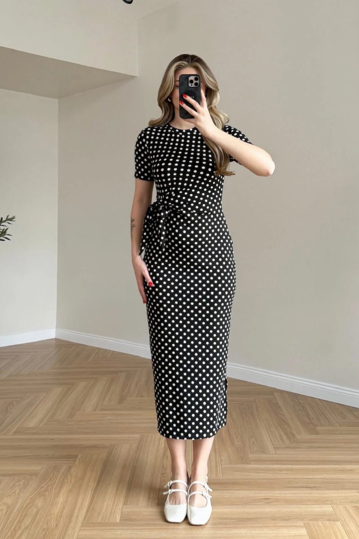 Midi Polka Dot Slit Tie-Detail Dress - Black - MOZENA