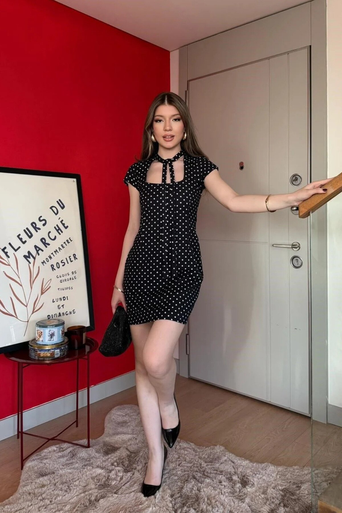 Mini Polka-Dot Front-Tie Dress - Black - MOZENA