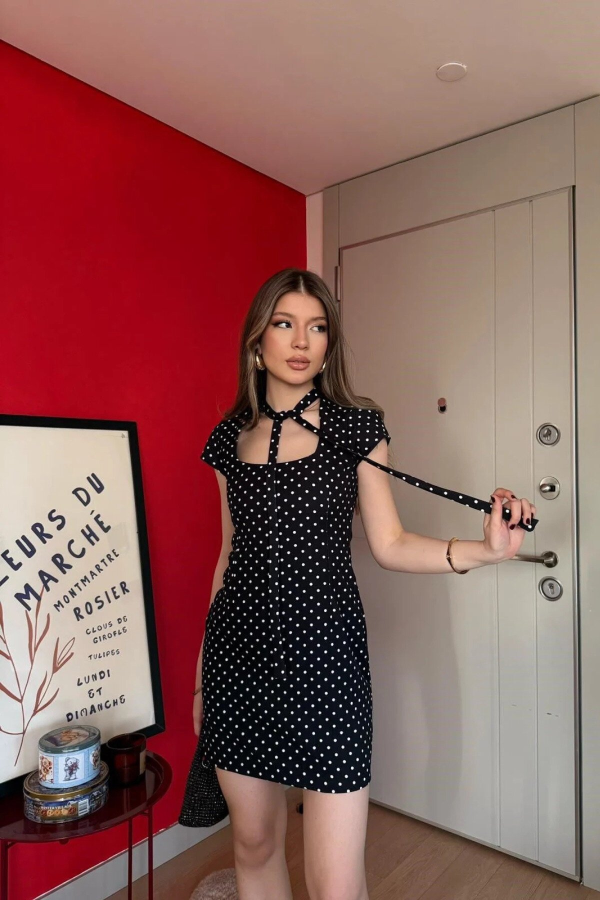 Mini Polka-Dot Front-Tie Dress - Black - MOZENA