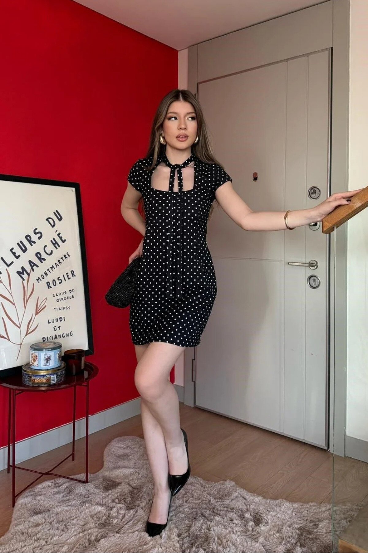 Mini Polka-Dot Front-Tie Dress - Black - MOZENA