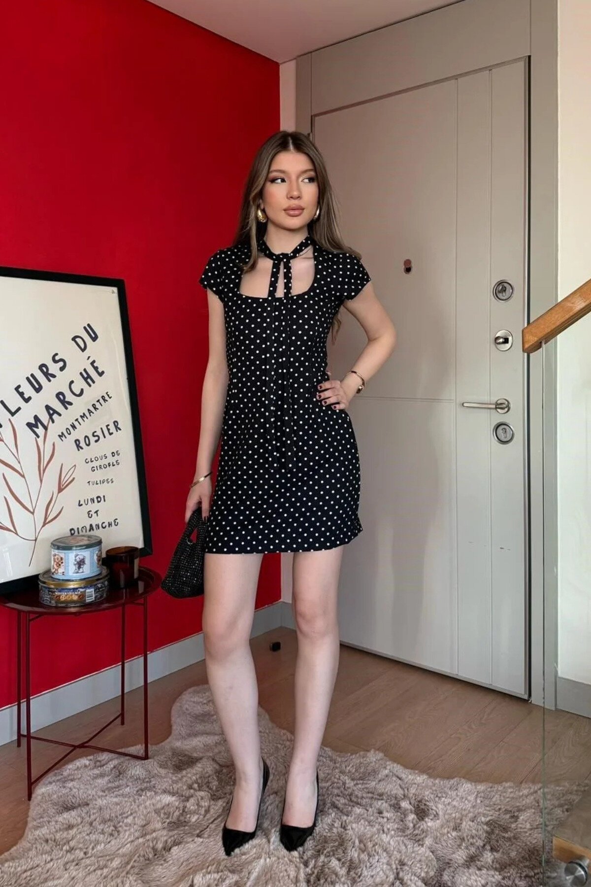 Mini Polka-Dot Front-Tie Dress - Black - MOZENA