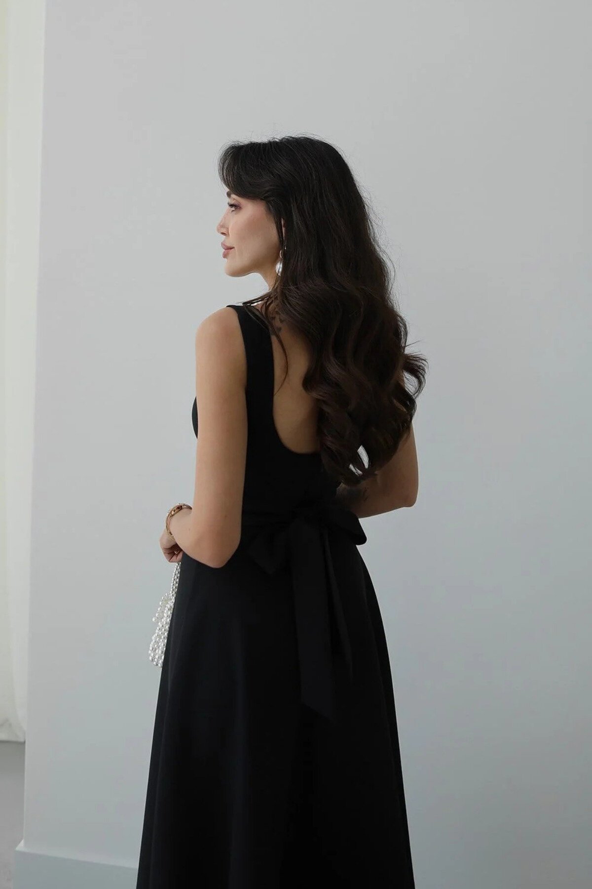 Long Strapped Square-Neck Tie-Back Dress - Black - MOZENA