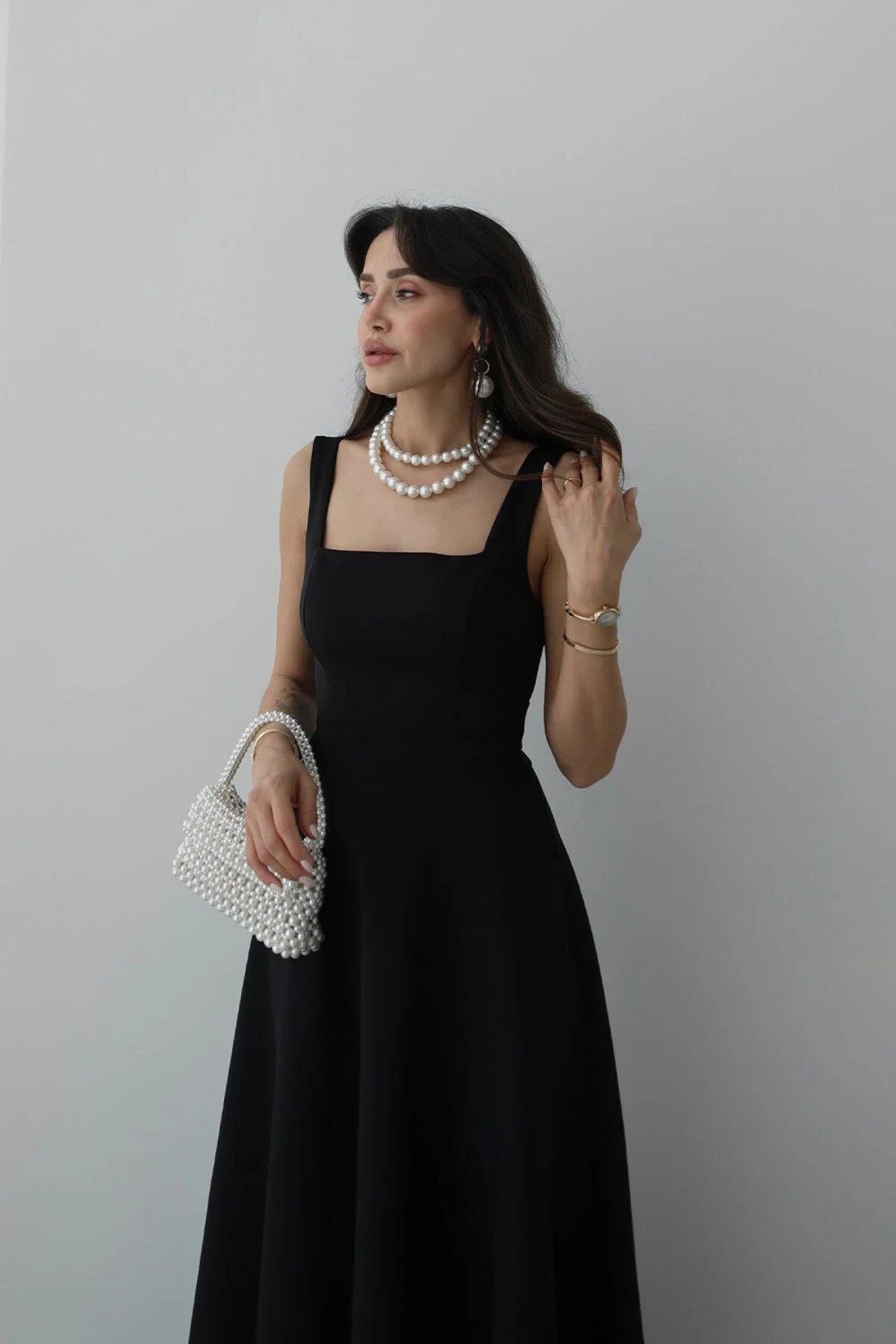 Long Strapped Square-Neck Tie-Back Dress - Black - MOZENA