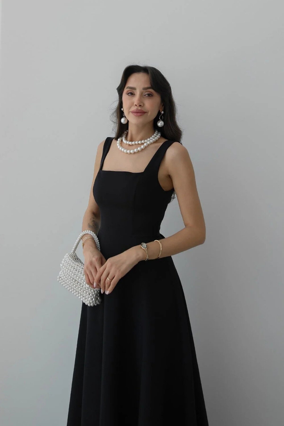 Long Strapped Square-Neck Tie-Back Dress - Black - MOZENA