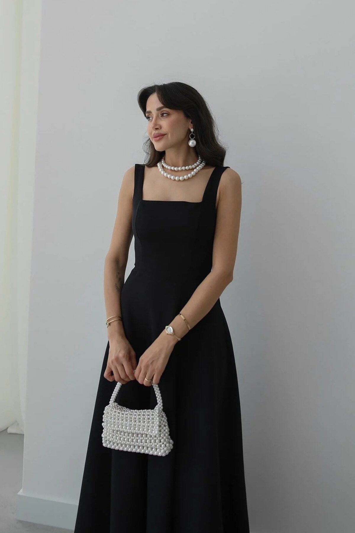 Long Strapped Square-Neck Tie-Back Dress - Black - MOZENA