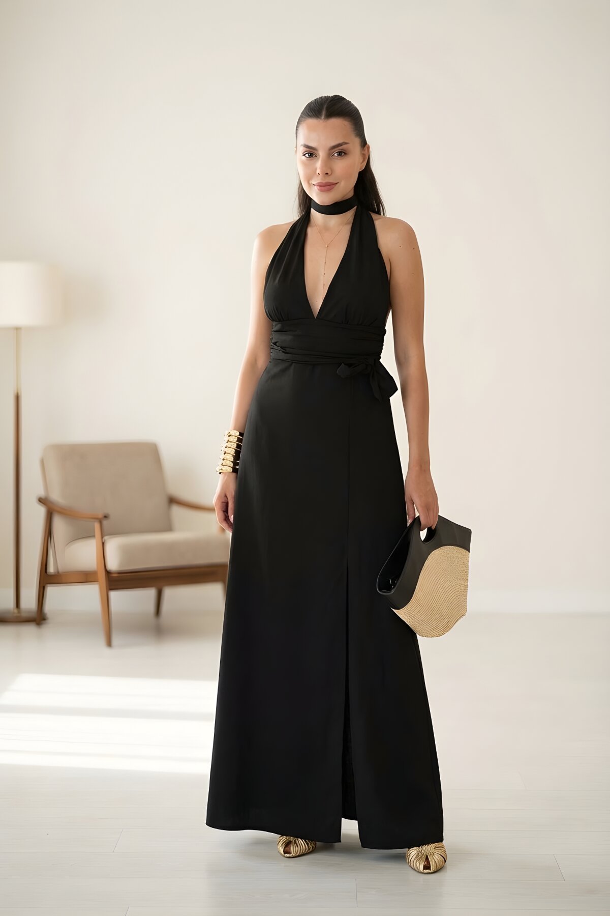 Long Halter-Neck Backless Dress - Black - MOZENA