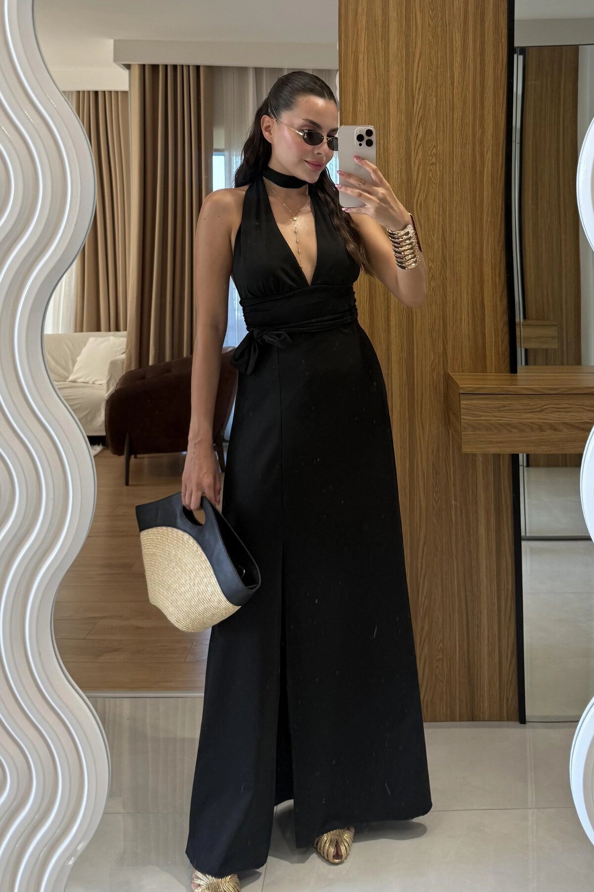 Long Halter-Neck Backless Dress - Black - MOZENA
