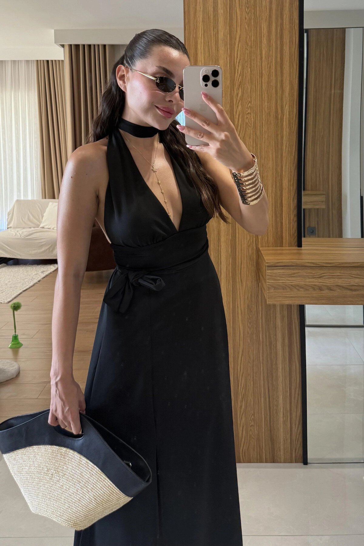 Long Halter-Neck Backless Dress - Black - MOZENA