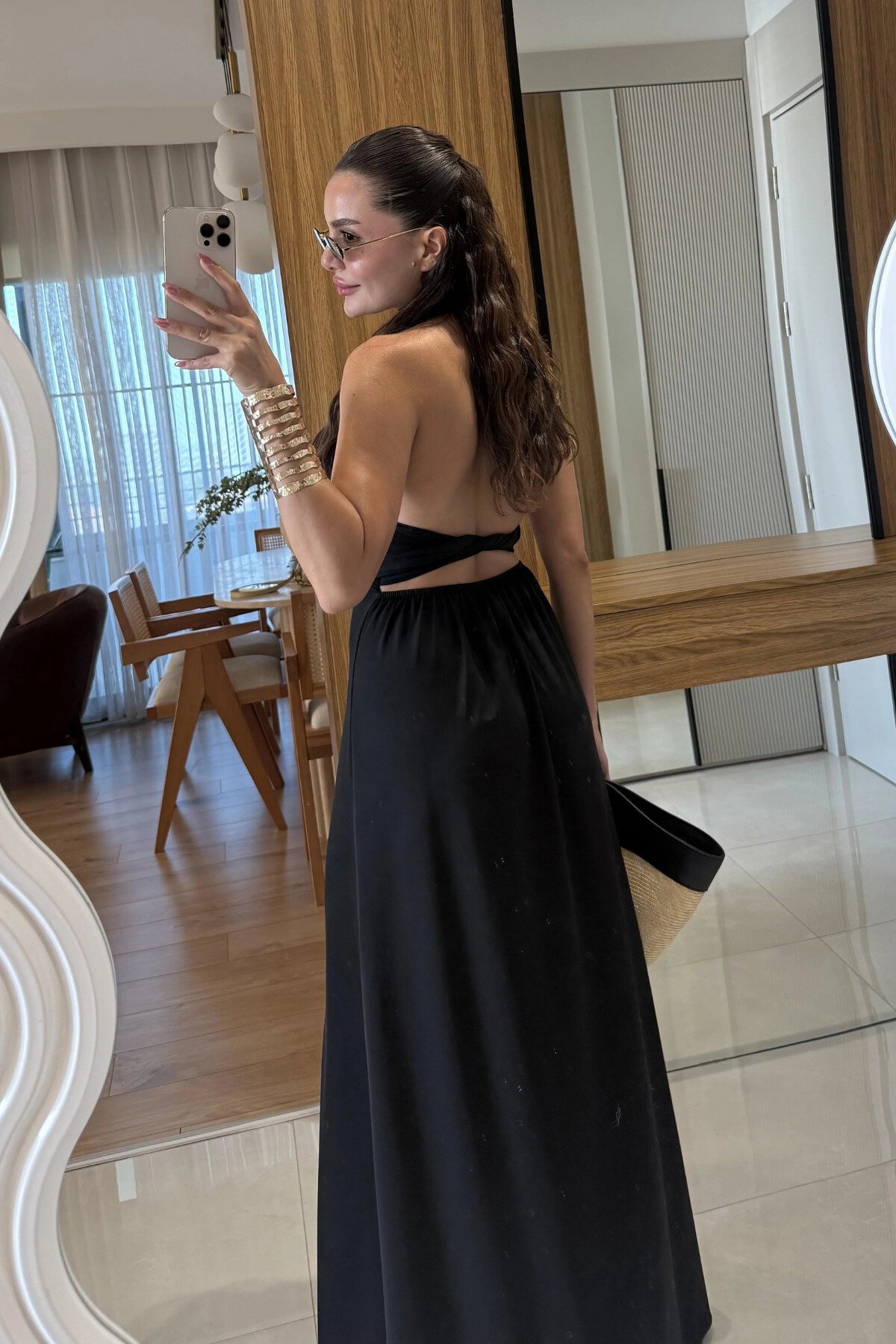 Long Halter-Neck Backless Dress - Black - MOZENA