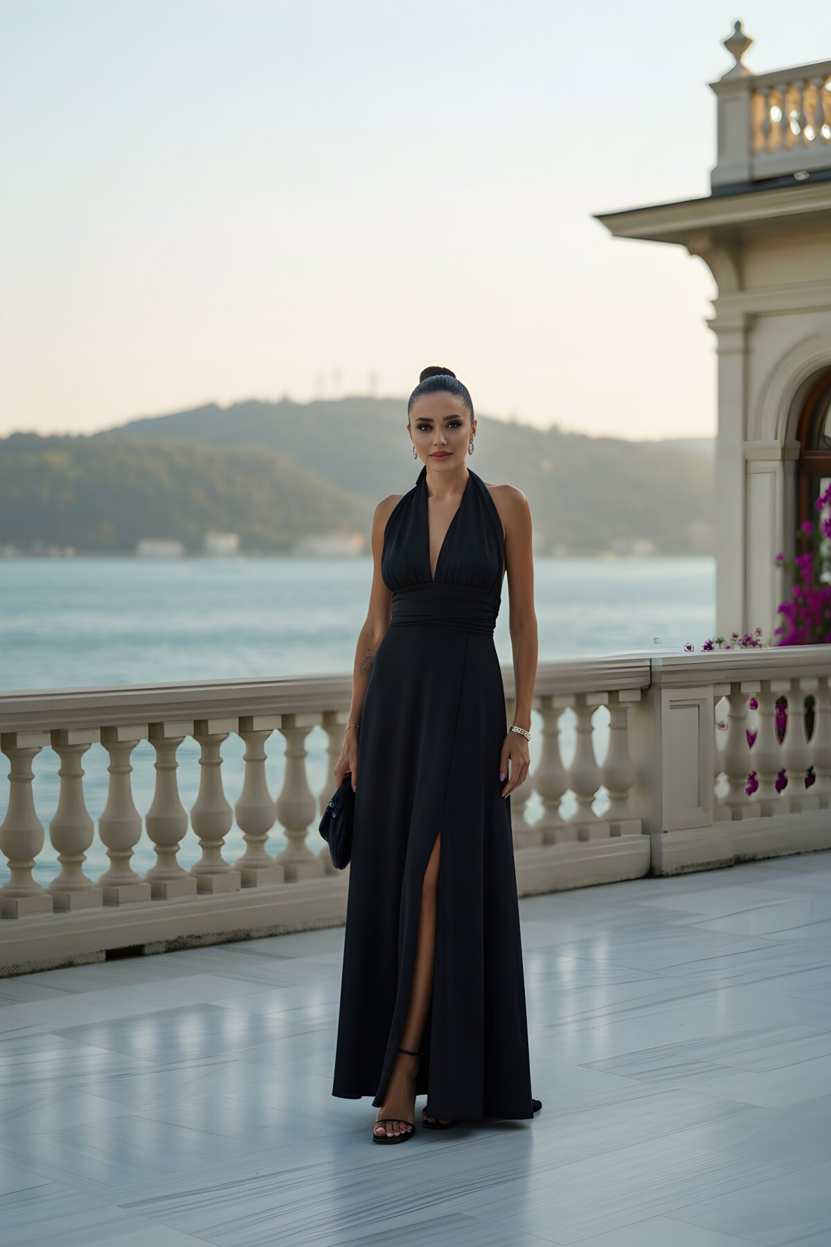 Long Backless Tie-Detail Slitted Evening Dress - Black - MOZENA