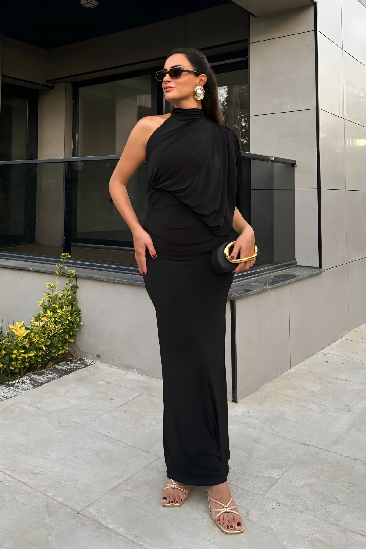 Long One-Shoulder Ruched Batwing Sleeve Evening Dress - Black - MOZENA