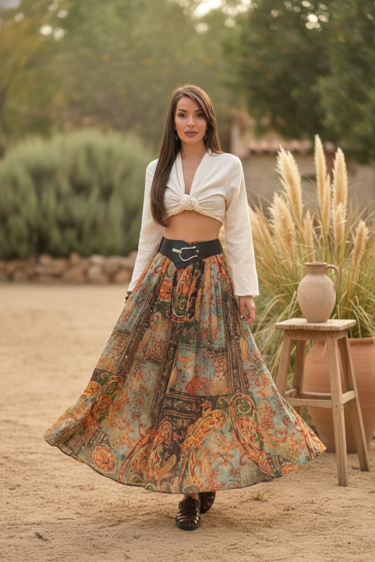 تنورة طويلة خضراء بنمط إثني وحزام - MOZENA