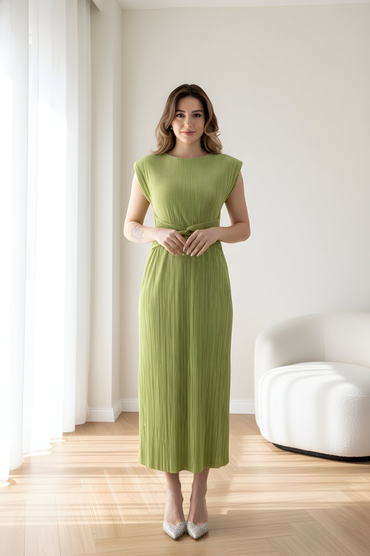Midi Pleated Waist-Detail Dress - Green - MOZENA