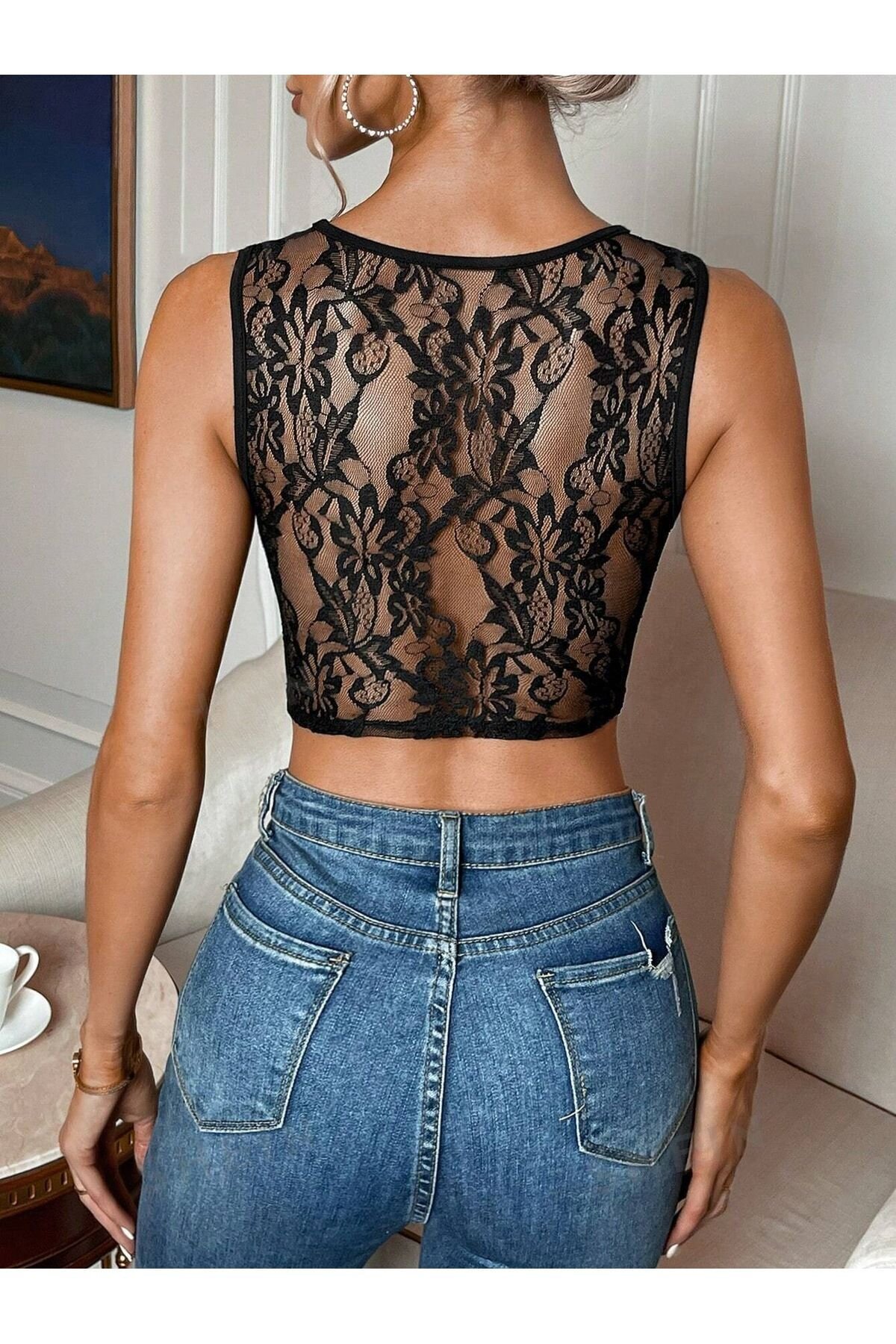 Siyah Crop Arkası Dantel Dekolteli Bluz - my cherie