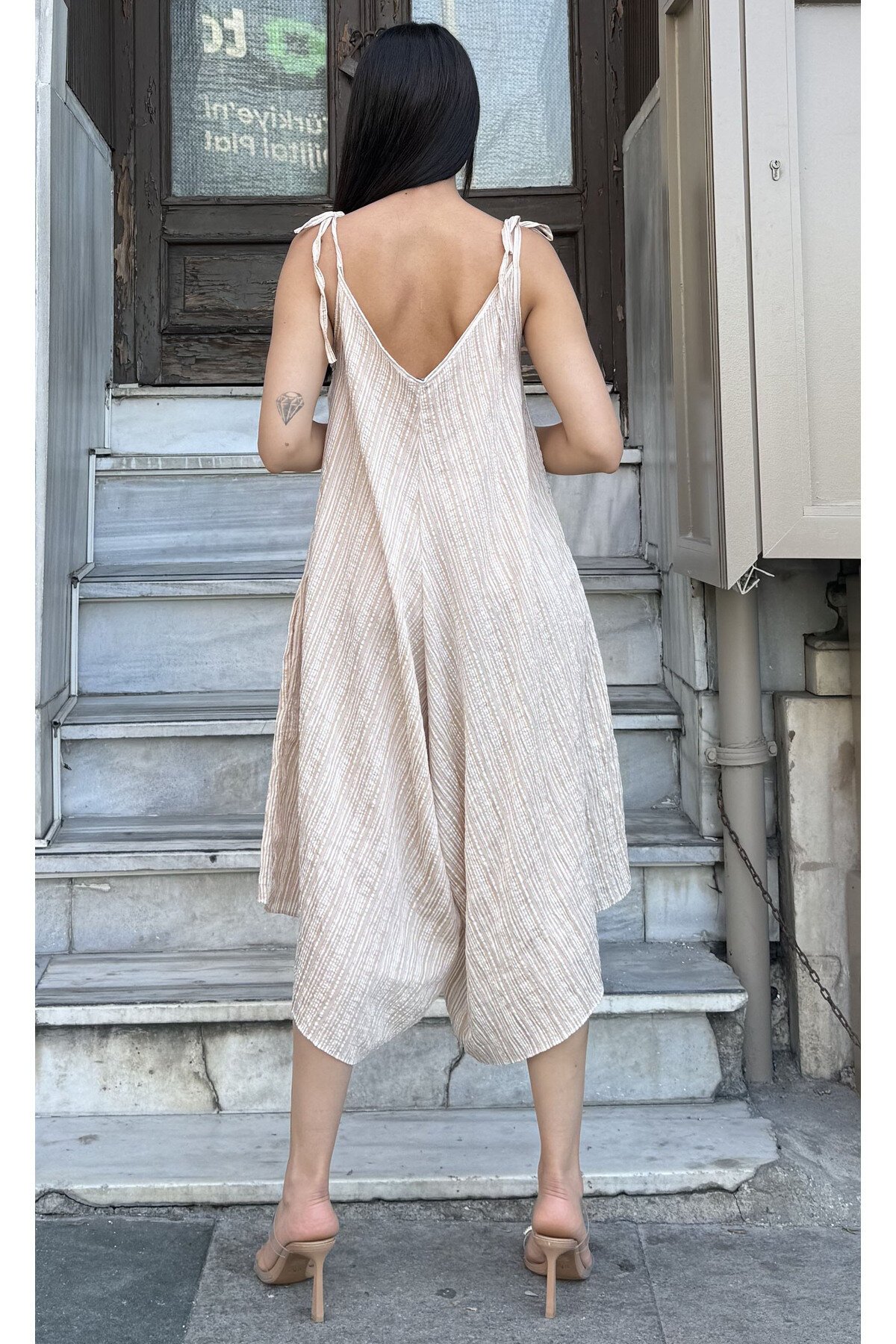 Loose Striped Skirt-Look Jumpsuit - Beige - Pasaklı Giyim