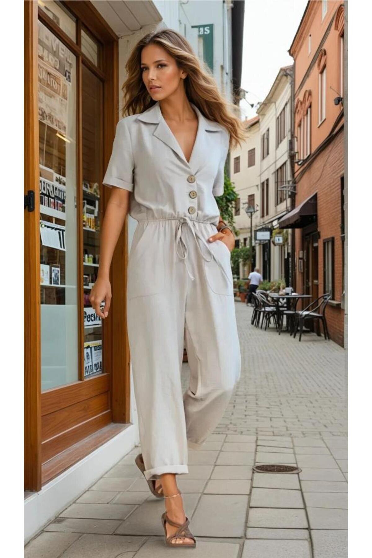 Short Sleeve Notch Lapel Pocket Jumpsuit - Beige - Pasaklı Giyim