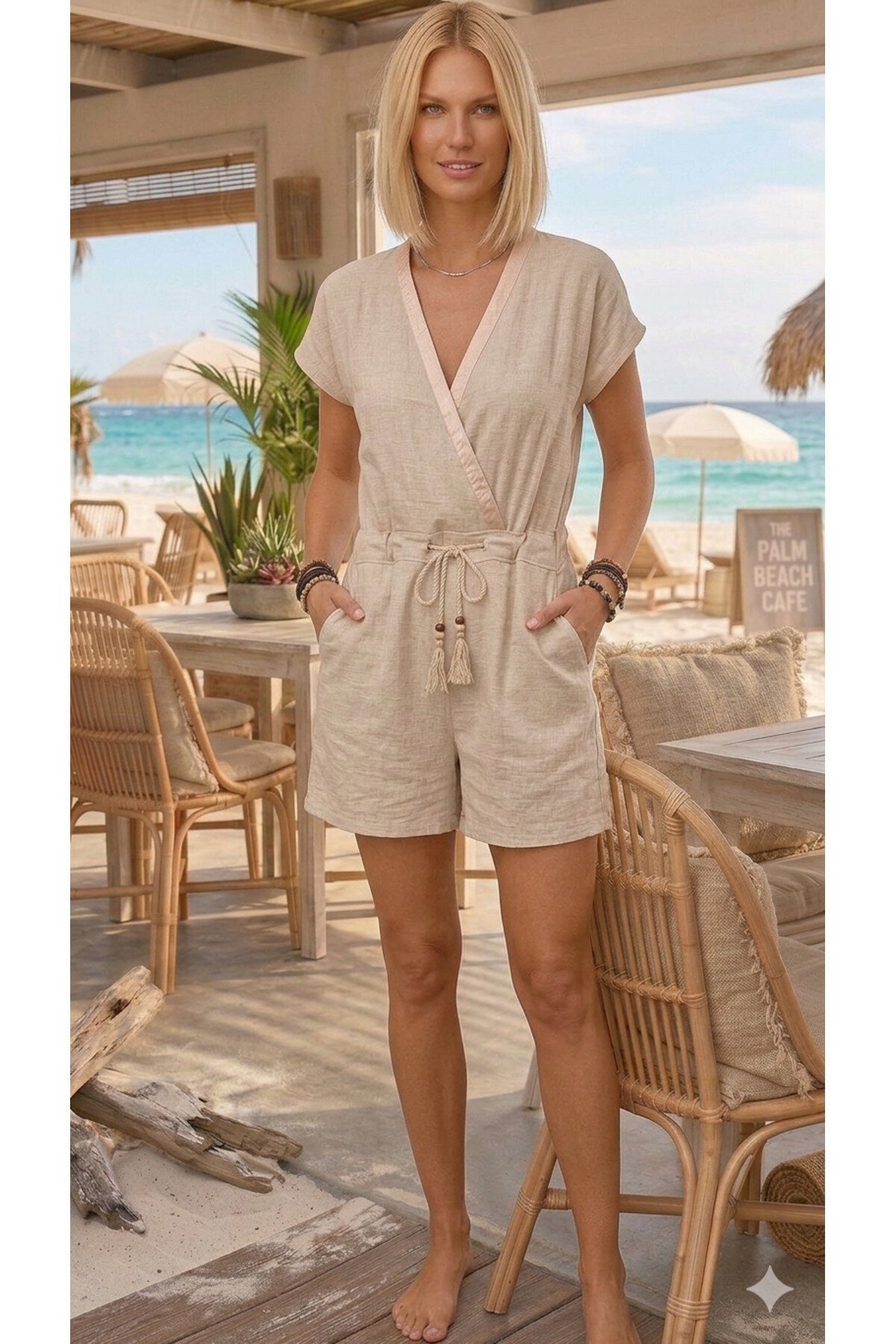 Short-Sleeve Pocket Detail Romper - Beige - Pasaklı Giyim
