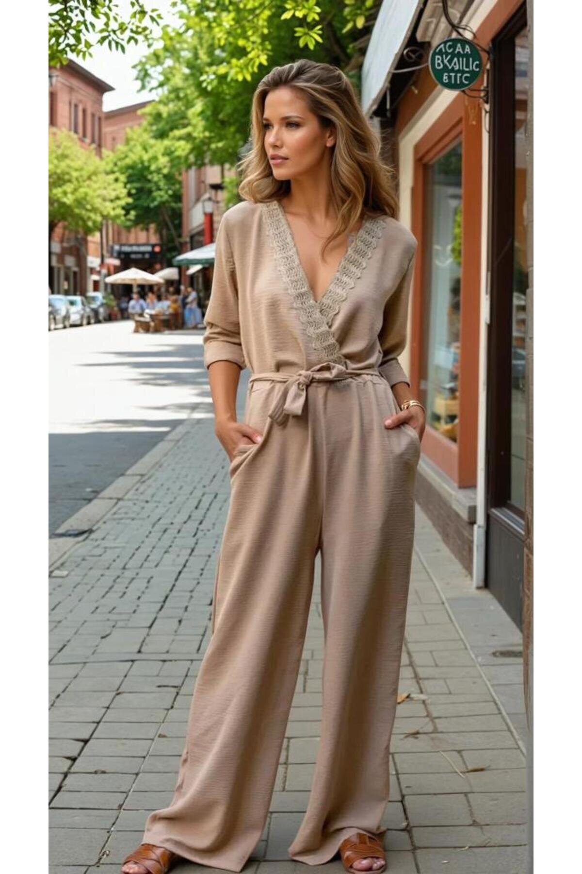 Relaxed Double-Breasted Belted Jumpsuit - Beige - Pasaklı Giyim