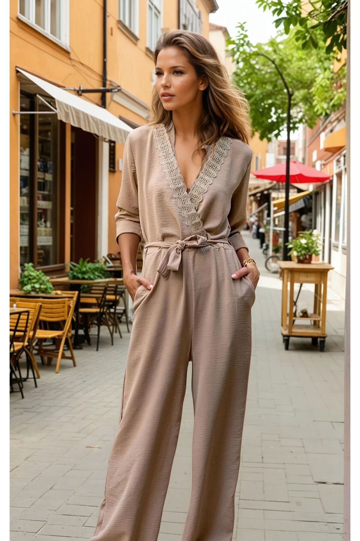 Relaxed Double-Breasted Belted Jumpsuit - Beige - Pasaklı Giyim