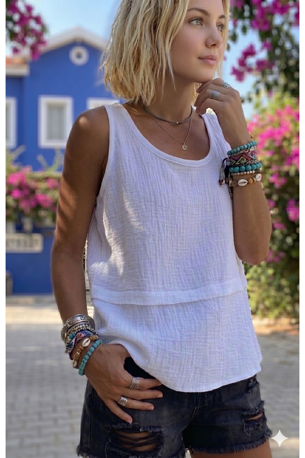Loose Muslin Raw-Seam Blouse - White - Pasaklı Giyim