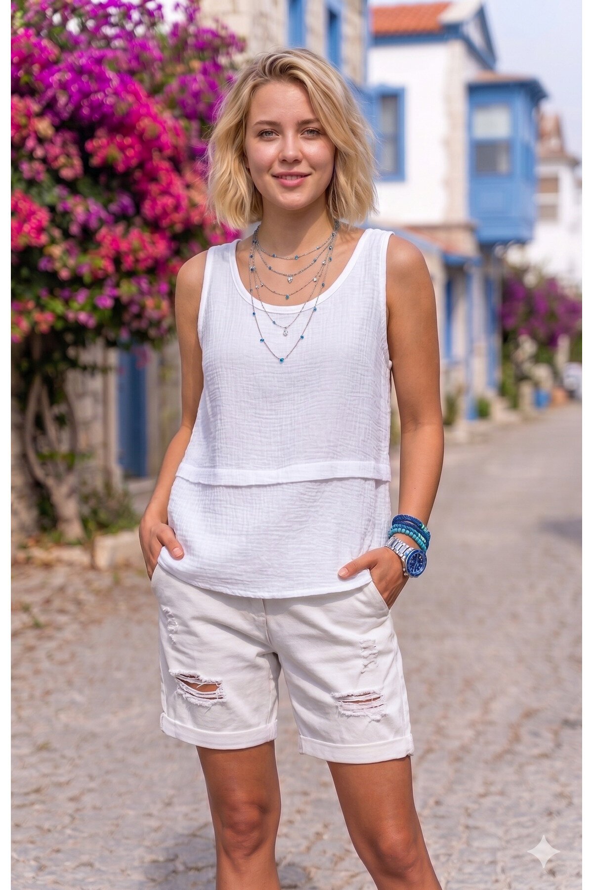 Loose Muslin Raw-Seam Blouse - White - Pasaklı Giyim
