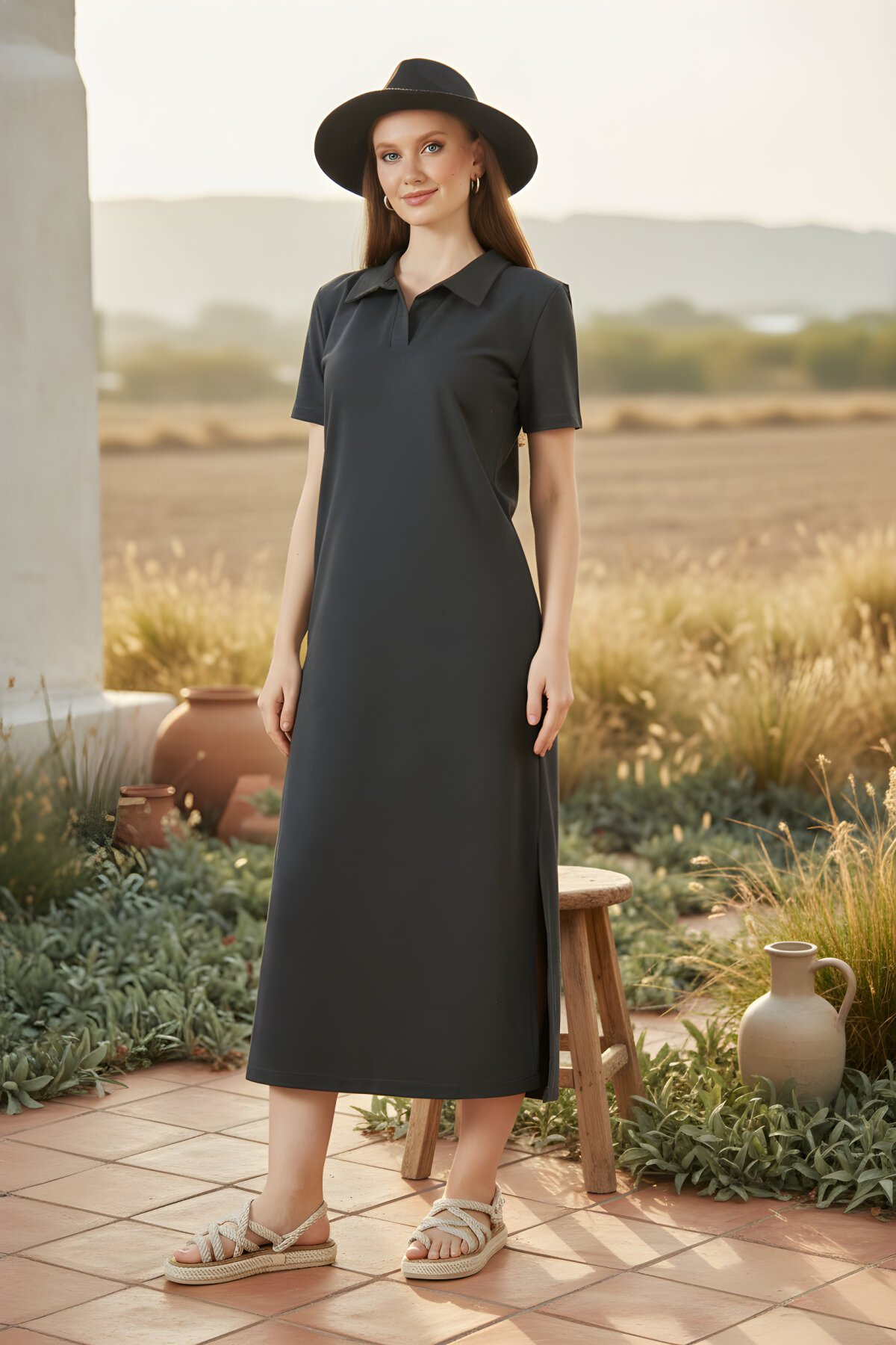 فستان طويل رمادي أنثراسيت بأكمام قصيرة ياقة بولو بشق - Pasaklı Giyim
