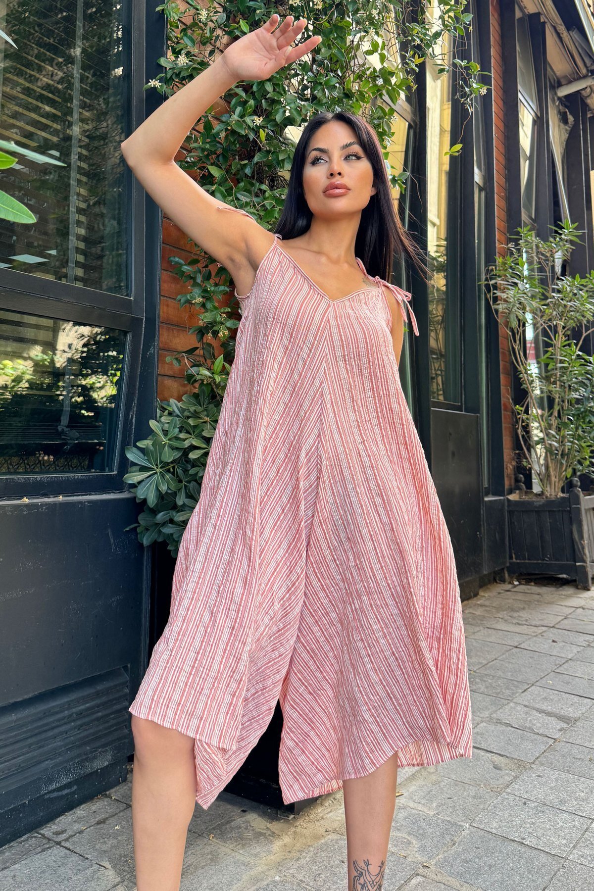Loose Striped Authentic Shalwar Jumpsuit - Dried Rose - Pasaklı Giyim
