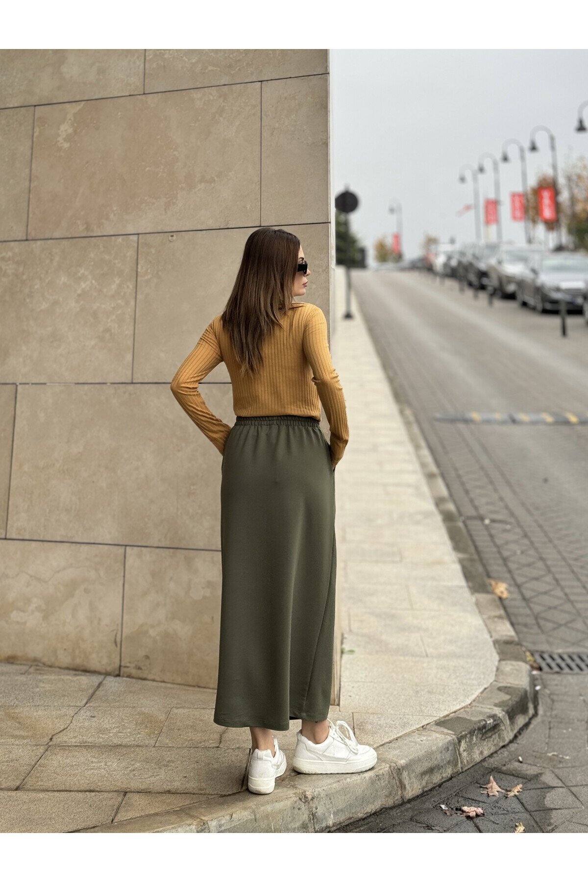 تنورة طويلة كاكي بخصر مطاطي وجي وب - Pasaklı Giyim