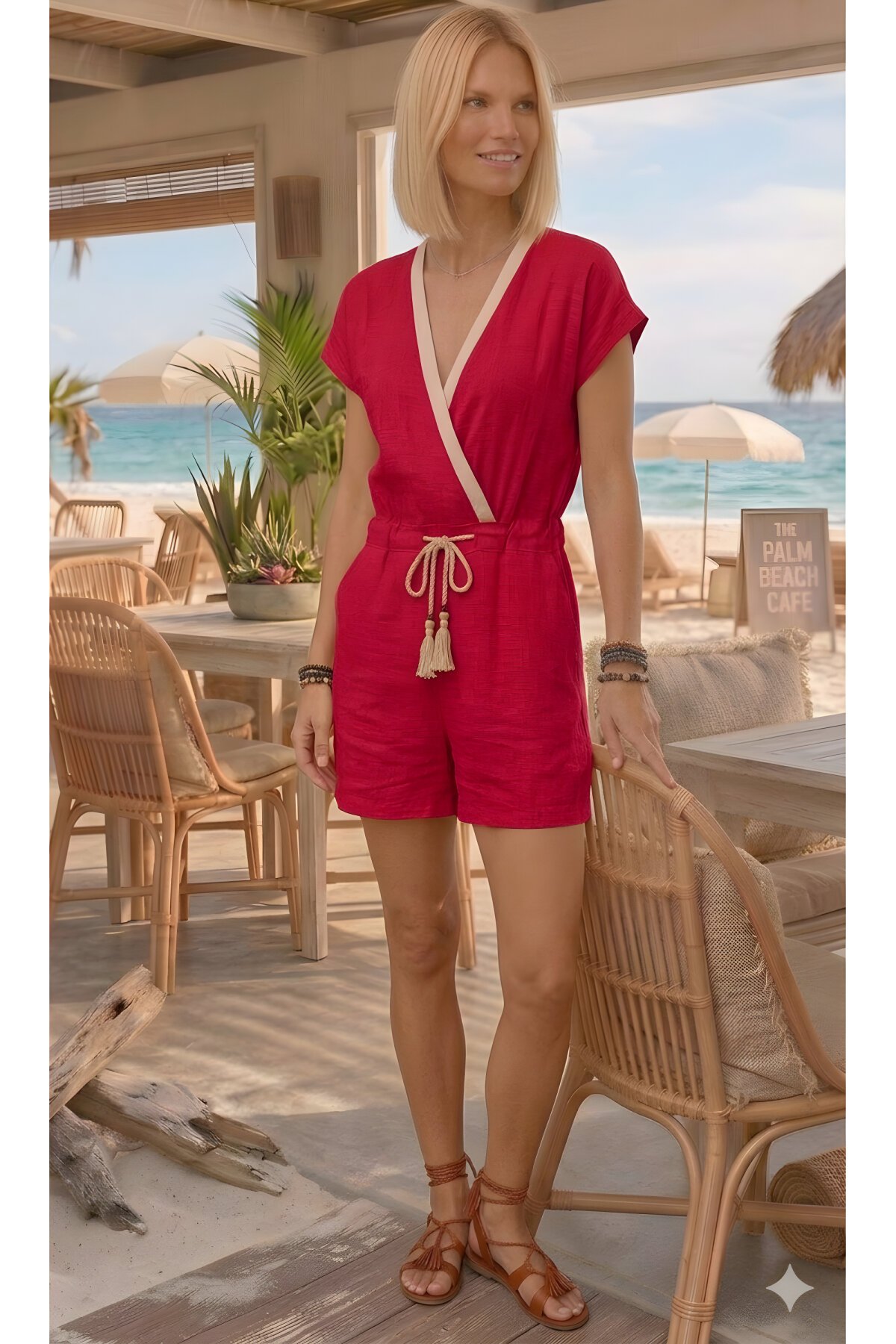 Short-Sleeve Trimmed Lace-up Pocketed Shorts Jumpsuit - Red - Pasaklı Giyim