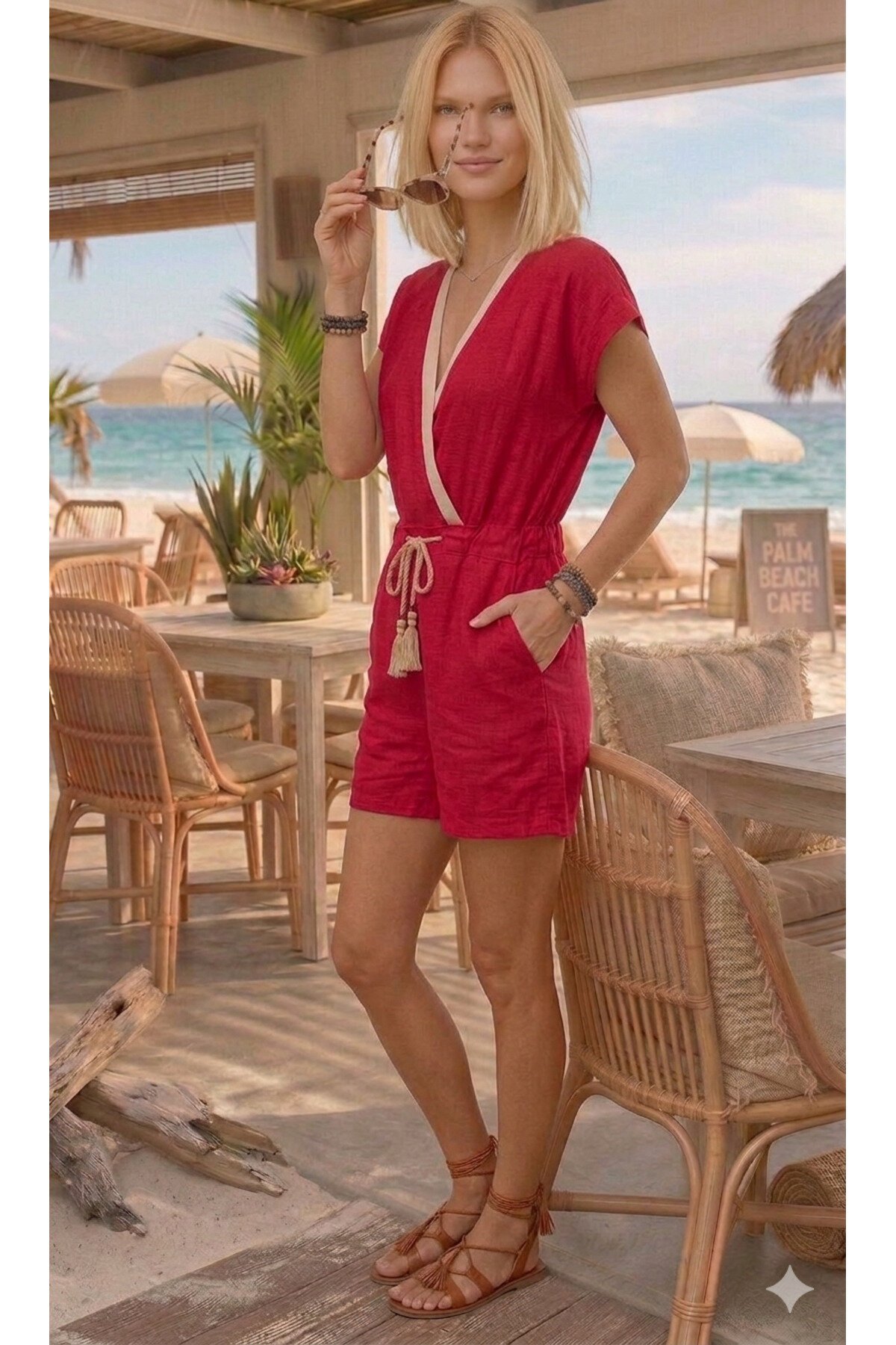 Short-Sleeve Trimmed Lace-up Pocketed Shorts Jumpsuit - Red - Pasaklı Giyim