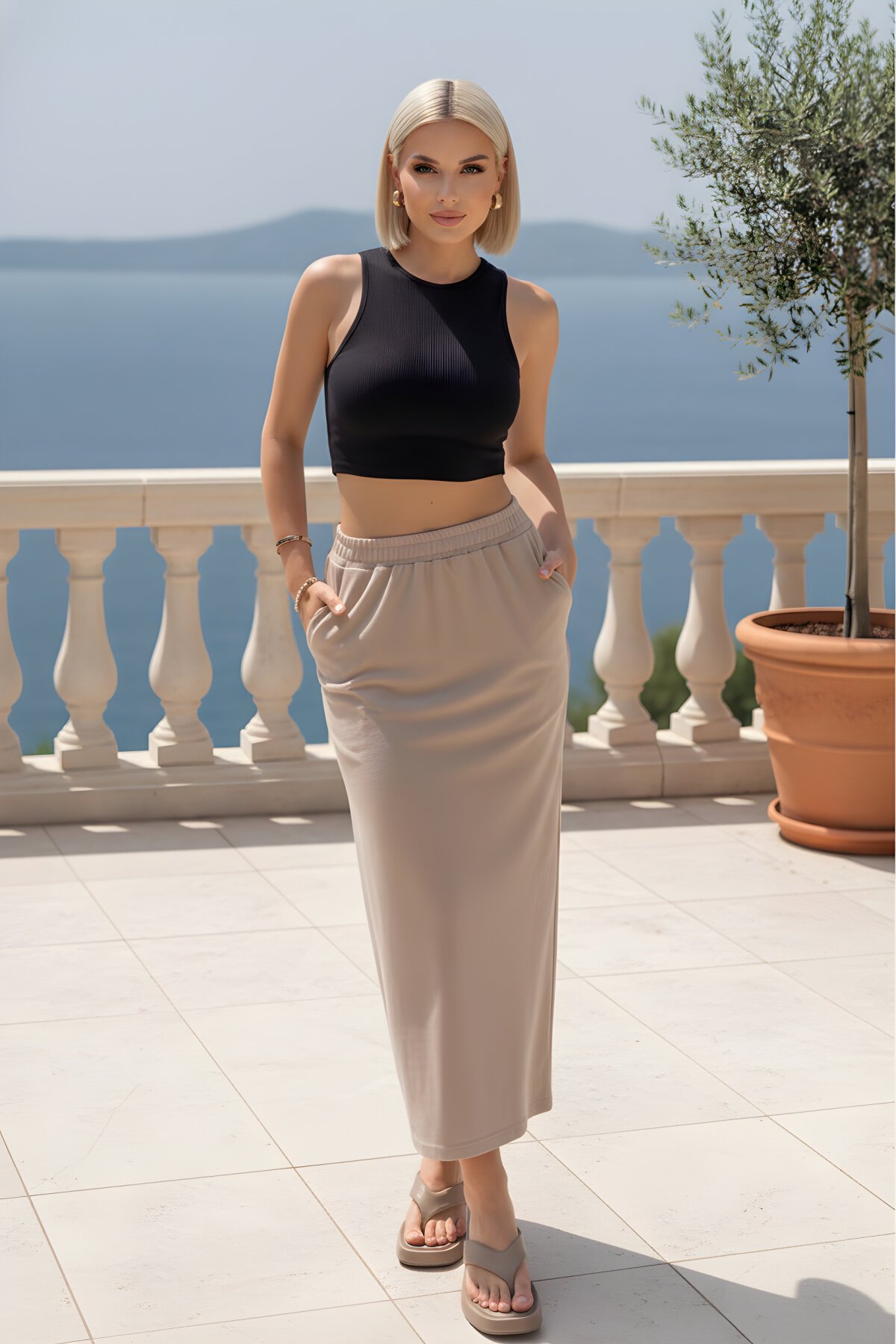 تنورة رياضية طويلة مقاس عادي كريمي بخصر مطاطي وجيوب - Pasaklı Giyim