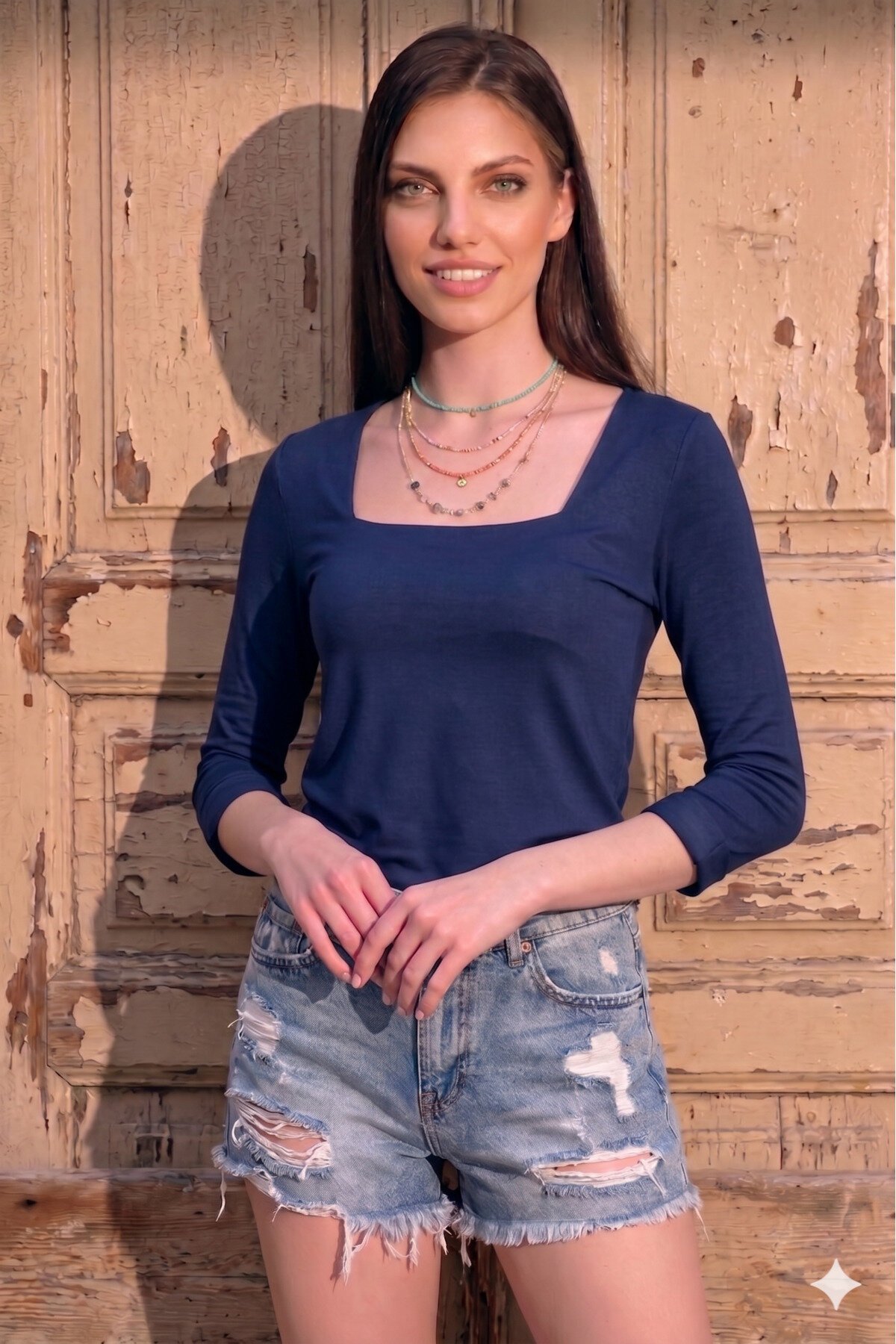 Long Sleeve Square Neck Basic Blouse - Navy Blue - Pasaklı Giyim