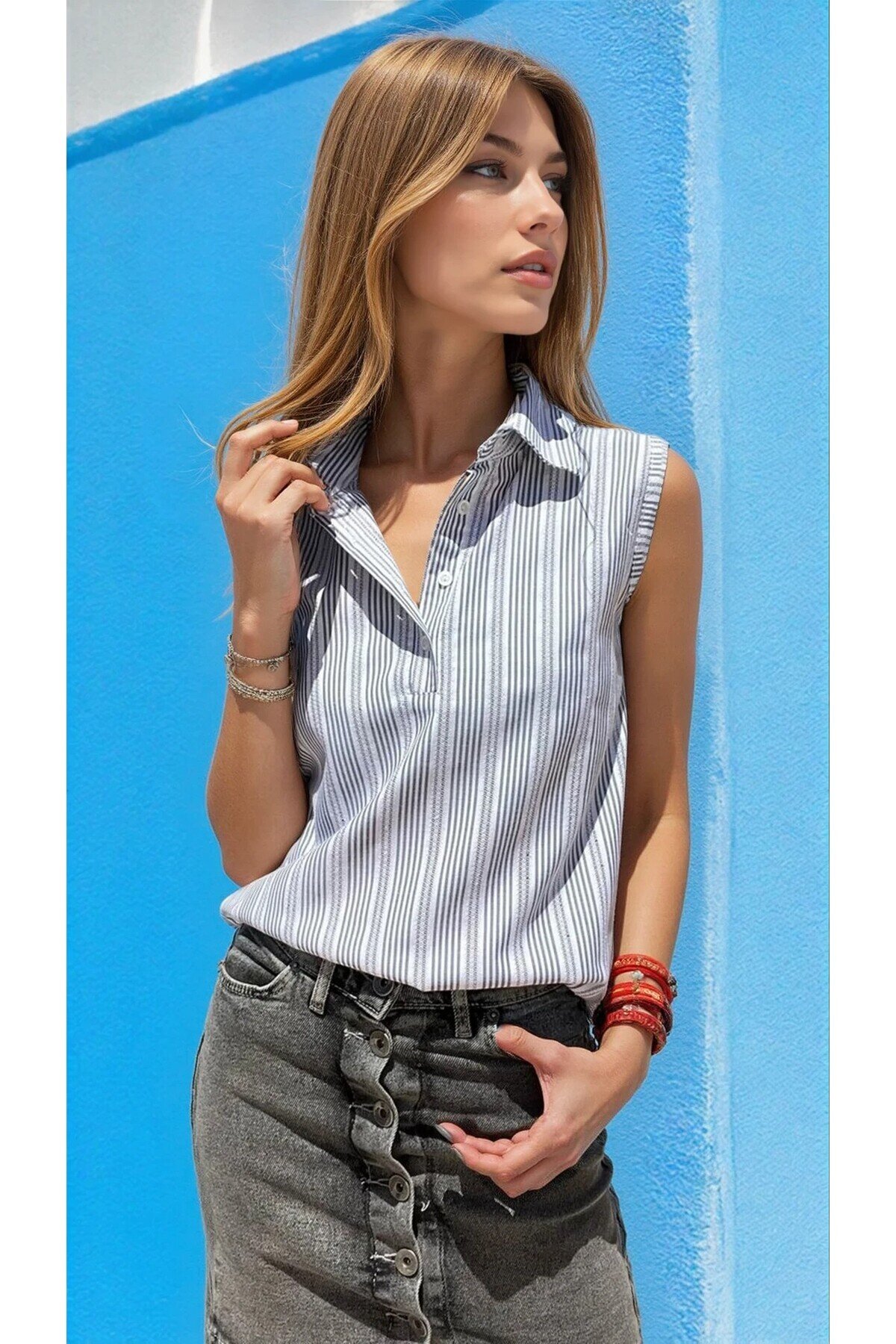 Sleeveless Striped Broderie Anglaise Placket Blouse - Navy Blue - Pasaklı Giyim