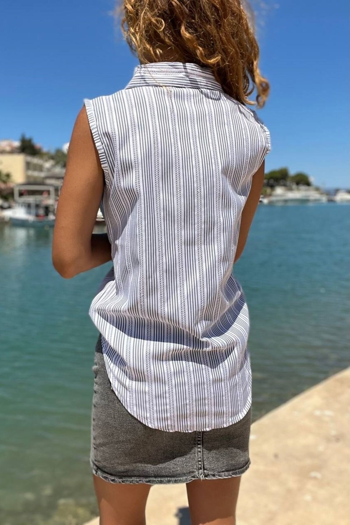 Sleeveless Striped Broderie Anglaise Placket Blouse - Navy Blue - Pasaklı Giyim
