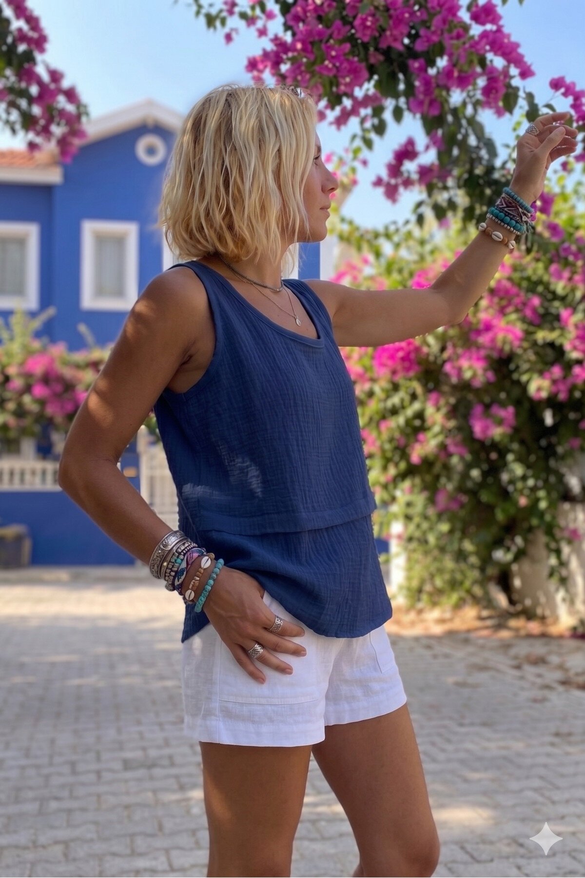 Loose Muslin Raw-Hem Strappy Blouse - Navy Blue - Pasaklı Giyim