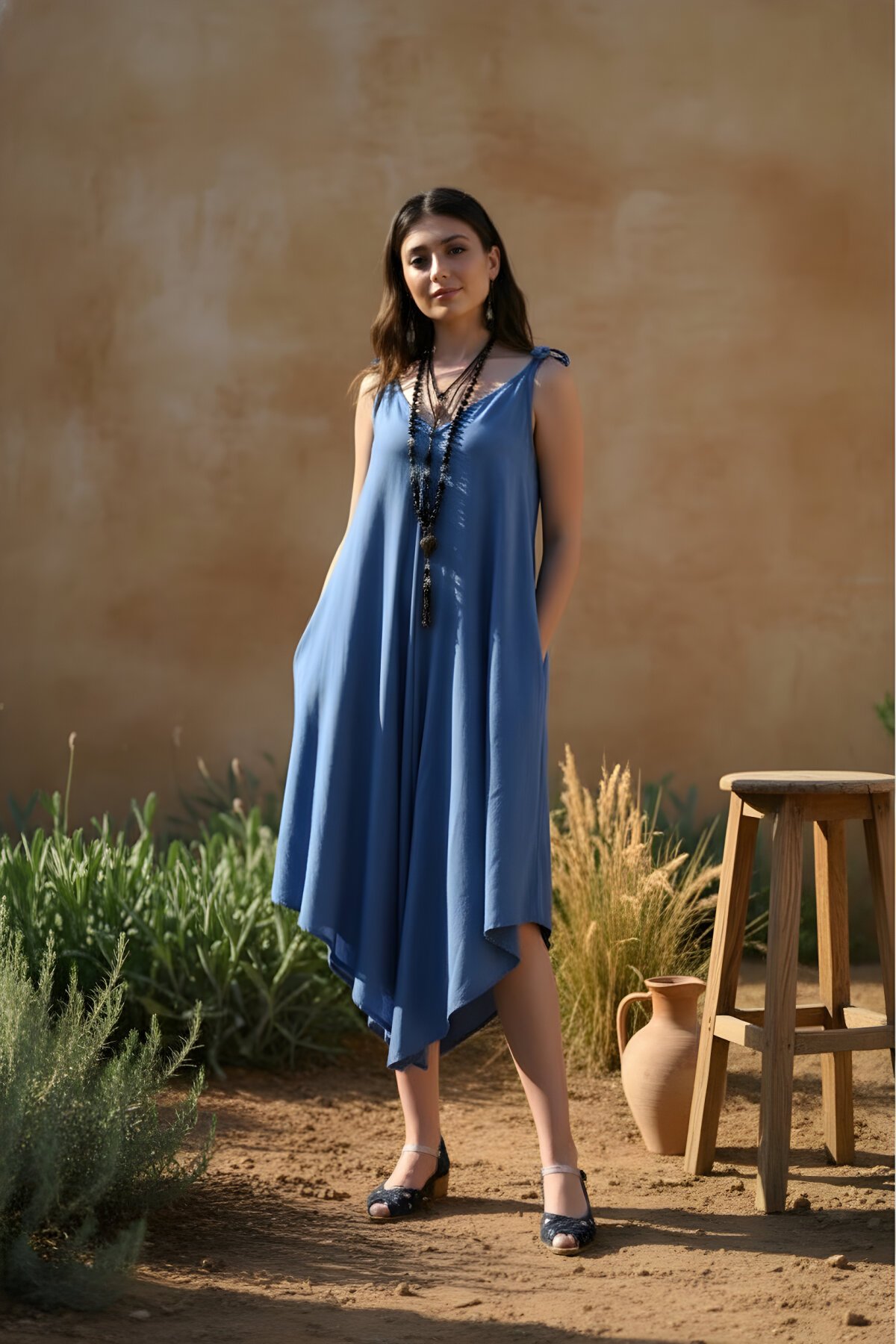 Loose Asymmetric Pocket Culotte Jumpsuit - Blue - Pasaklı Giyim