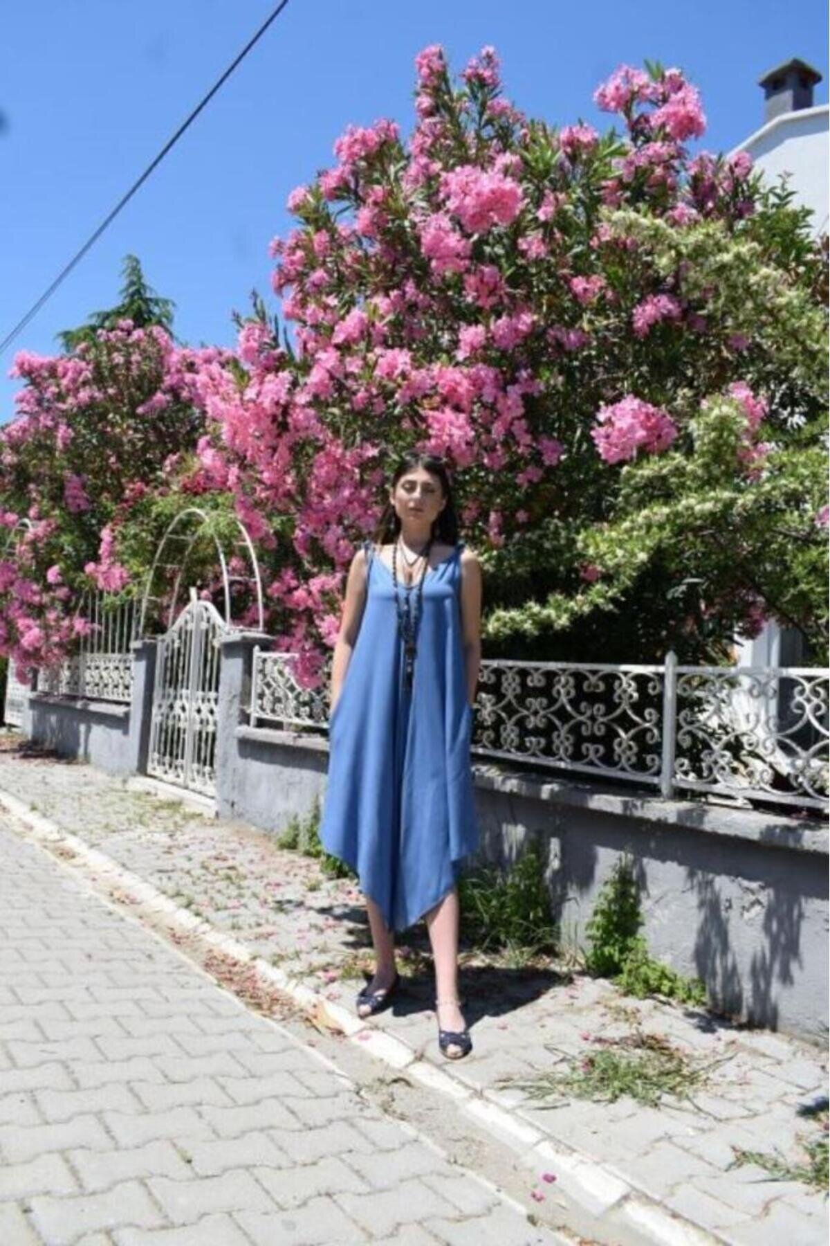 Loose Asymmetric Pocket Culotte Jumpsuit - Blue - Pasaklı Giyim