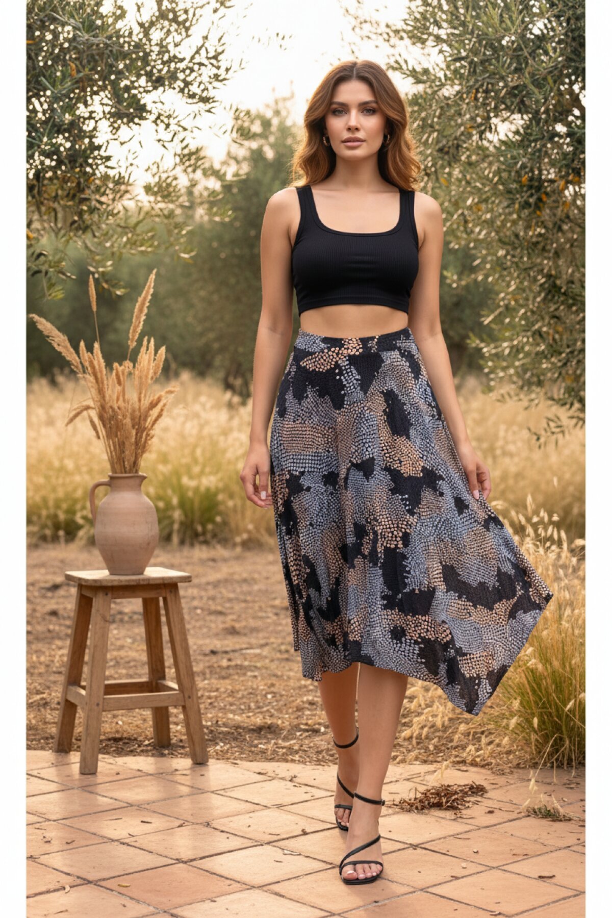 Bohemian Asymmetric Midi Skirt - Blue Black White - Pasaklı Giyim