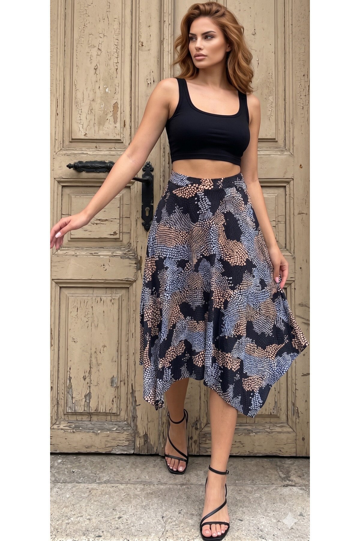 Bohemian Asymmetric Midi Skirt - Blue Black White - Pasaklı Giyim