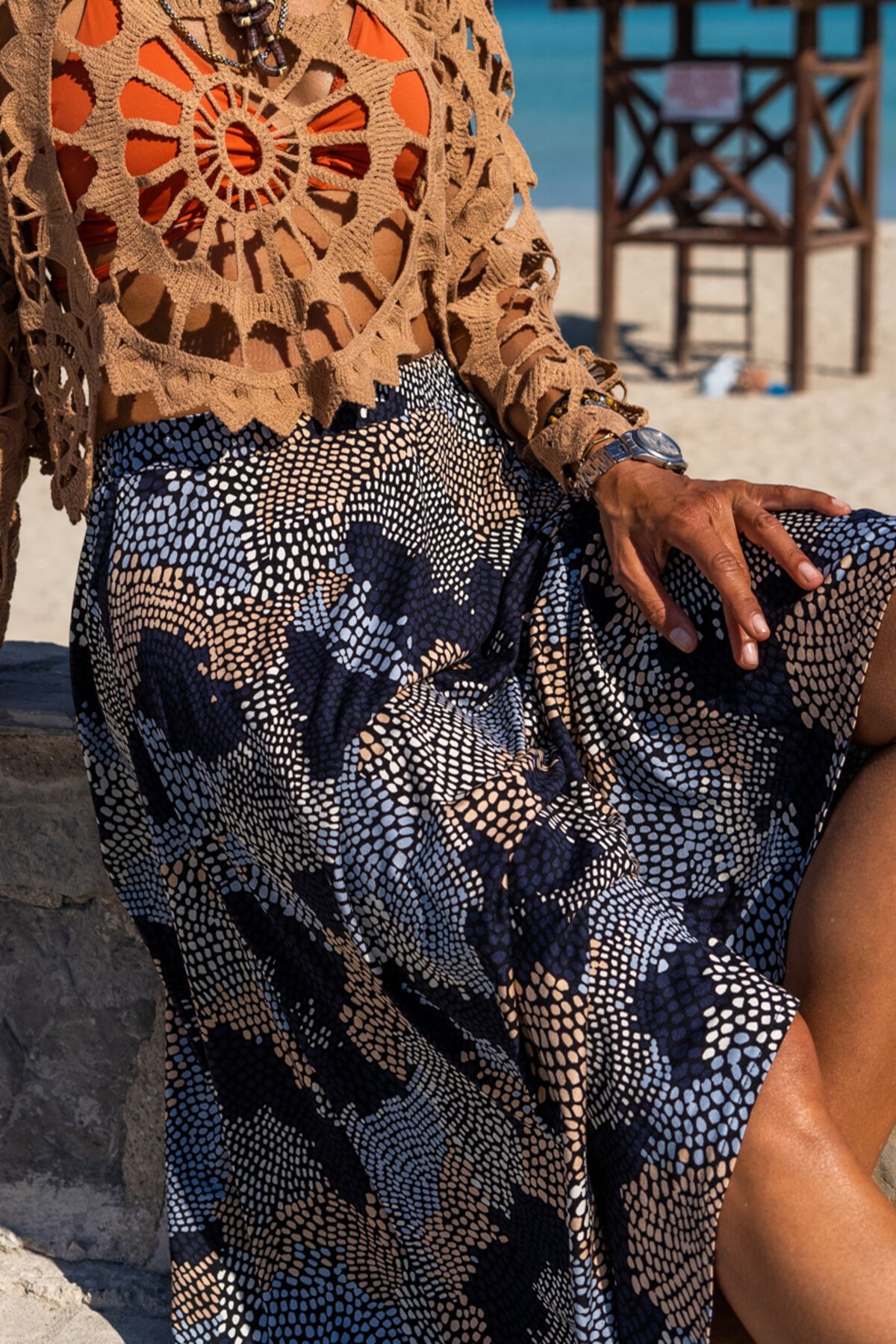 Bohemian Asymmetric Midi Skirt - Blue Black White - Pasaklı Giyim