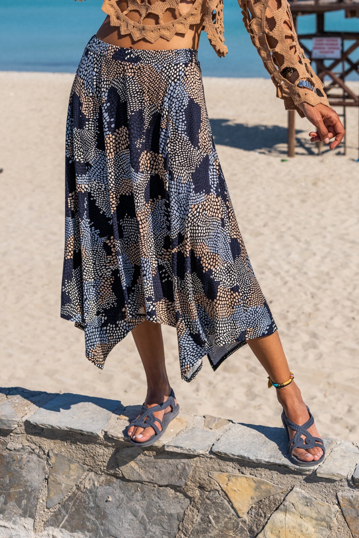 Bohemian Asymmetric Midi Skirt - Blue Black White - Pasaklı Giyim