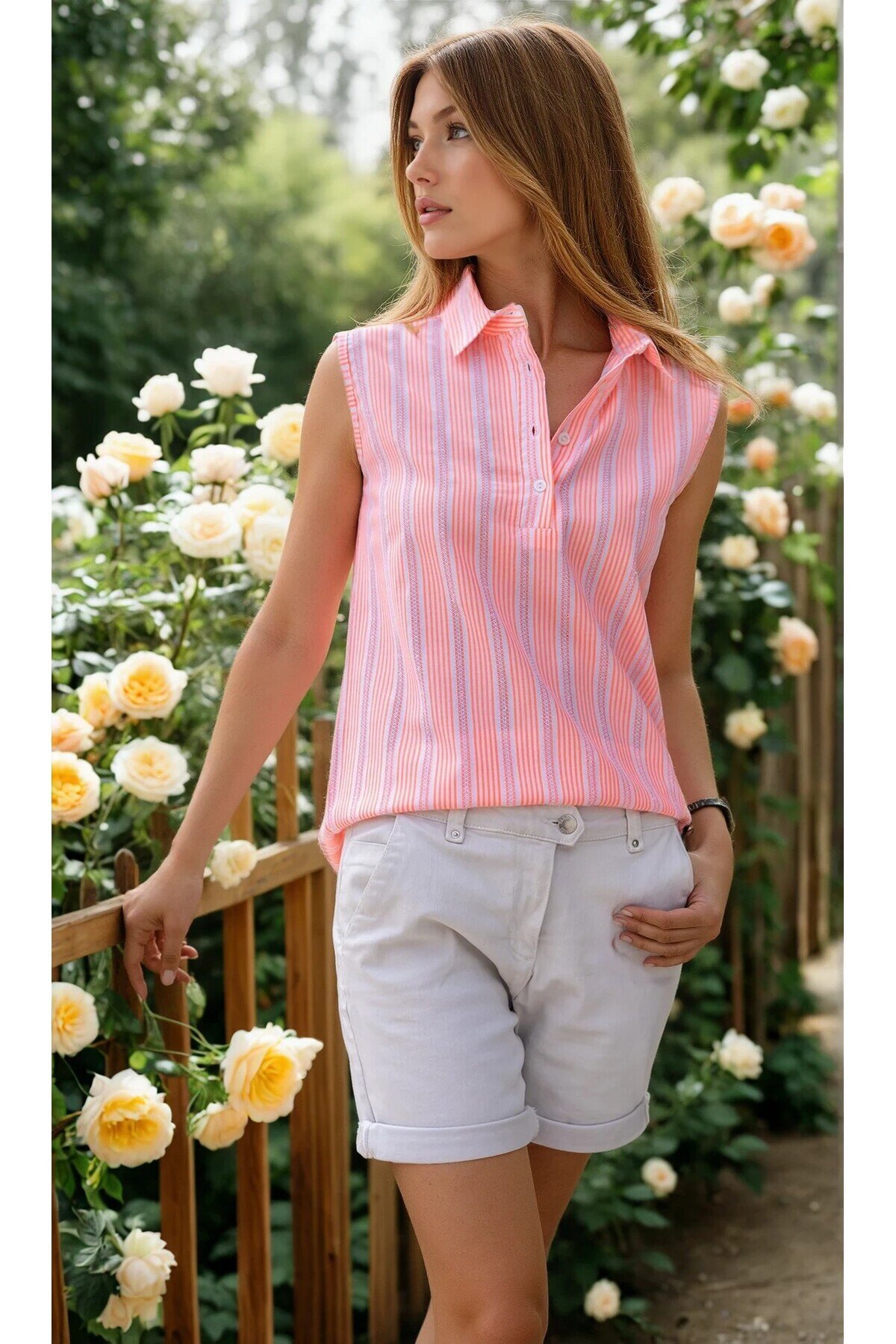 Sleeveless Striped Broderie Anglaise Placket-Front Blouse - Pink - Pasaklı Giyim
