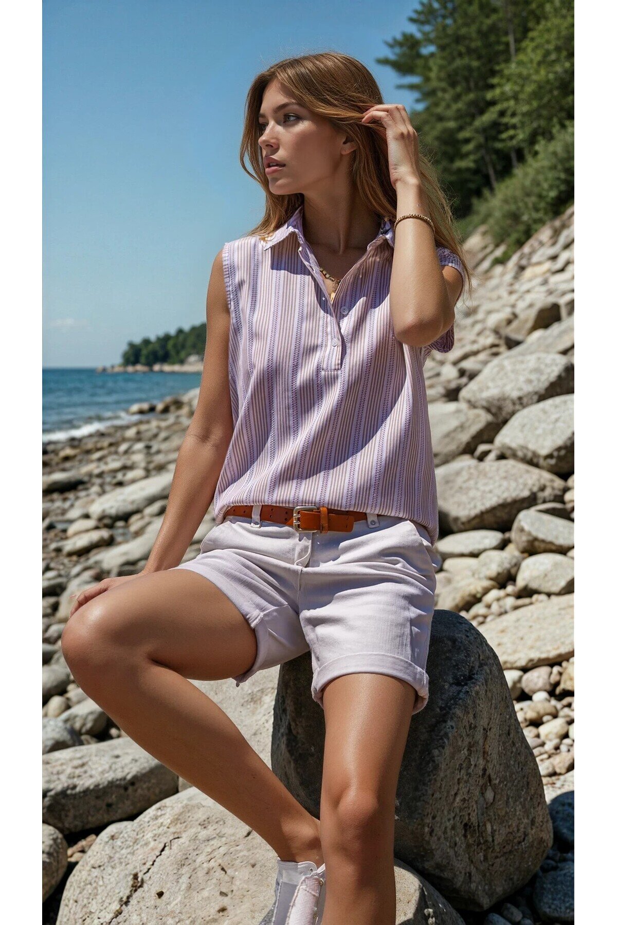 Sleeveless Striped Broderie Anglaise Placket Blouse - Dusty Rose - Pasaklı Giyim