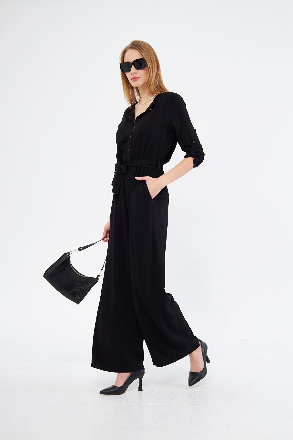 Loose Fit Pocket Detail Jumpsuit - Black - Pasaklı Giyim