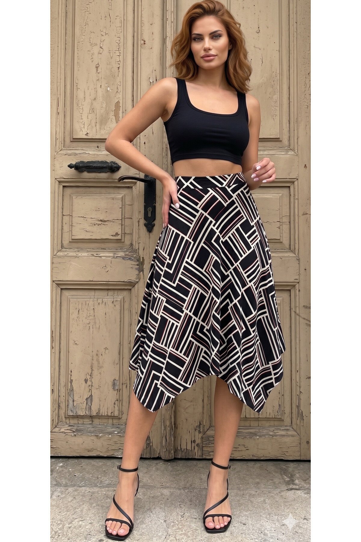 Midi Bohemian Asymmetric Cut Skirt - Black White Pink - Pasaklı Giyim