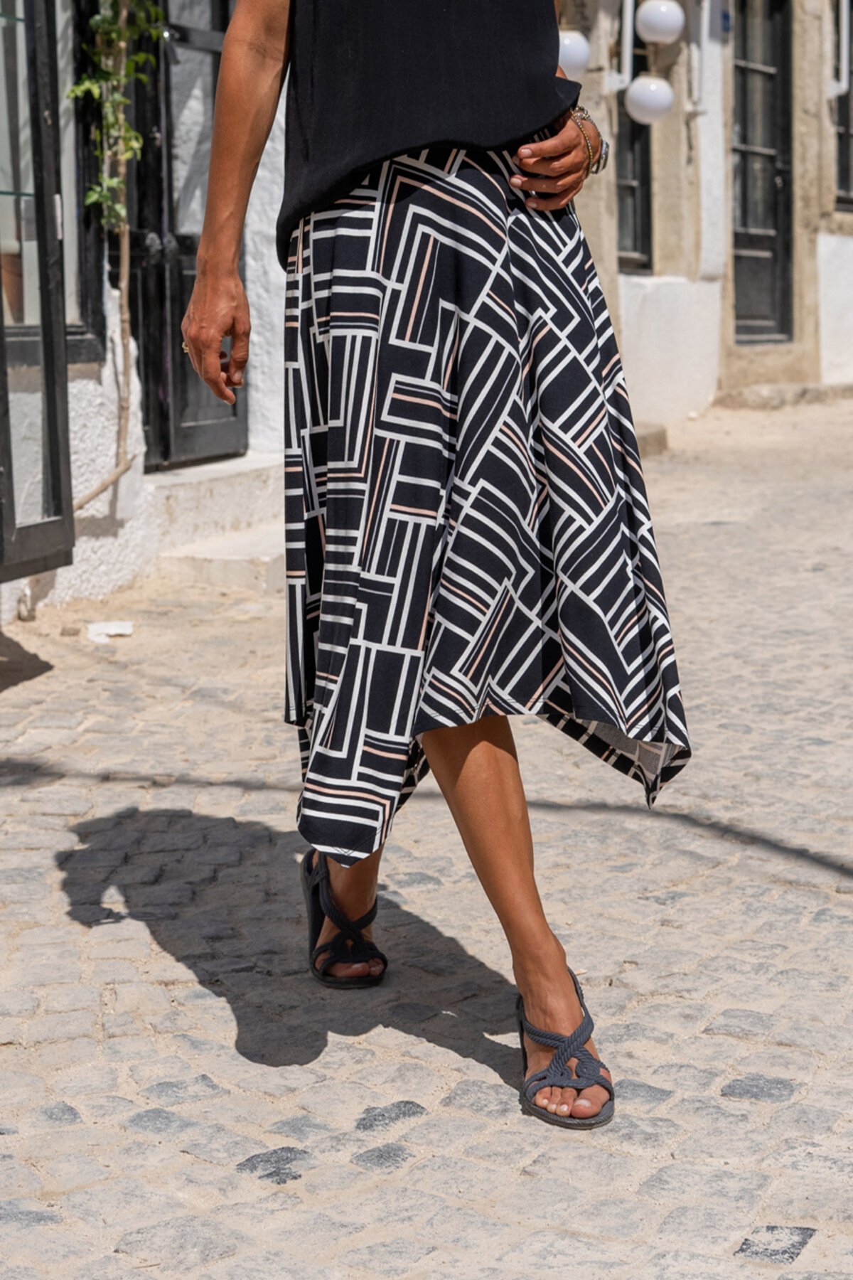 Midi Bohemian Asymmetric Cut Skirt - Black White Pink - Pasaklı Giyim